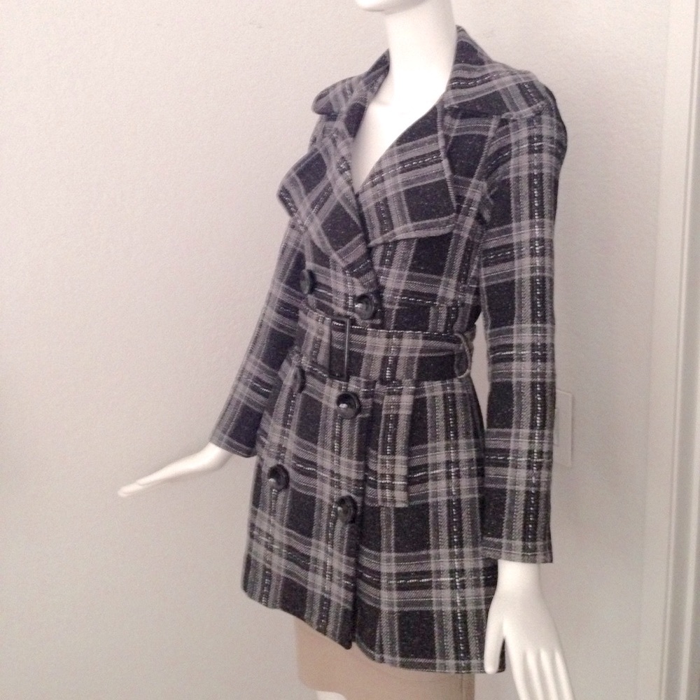Black white double breasted check trench Coat